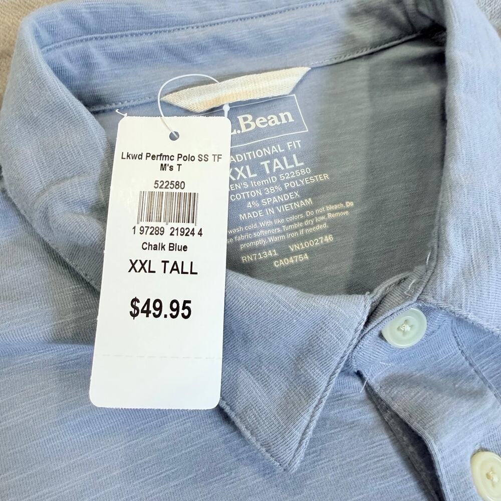 NWT LL Bean Mens Lakewashed Performance Polo Shirt XXL Tall Chalk Blue Pocket - Picture 4 of 9